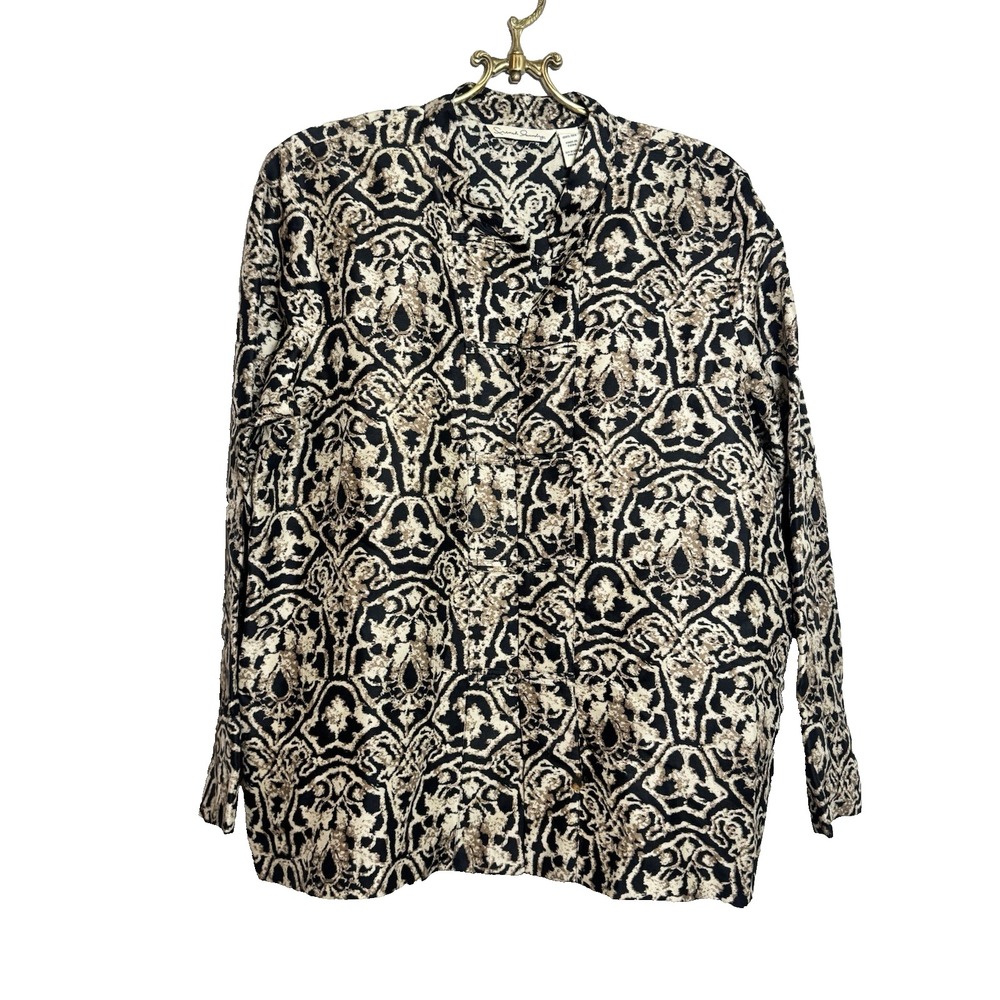 French Laundry Women's Large‎ Silk Mandarin Long Sleeve Top Black